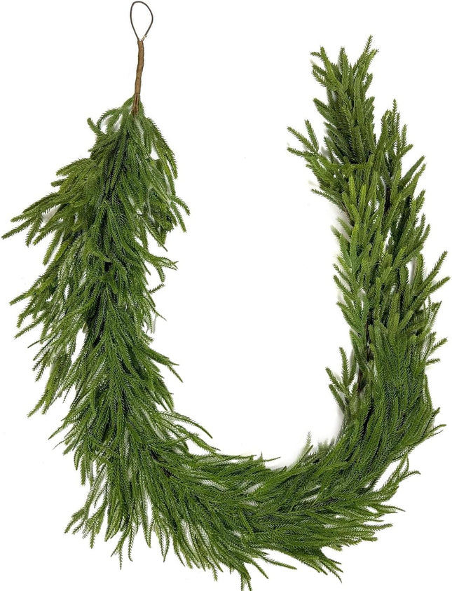 9 FT Real Touch Norfolk Pine Garland Green Artificial Christmas Garland Faux Greenery Garland for Holiday Fireplace Mantle Window Indoor Outdoor Decor, Winter Christmas Decorations (1 PCS)