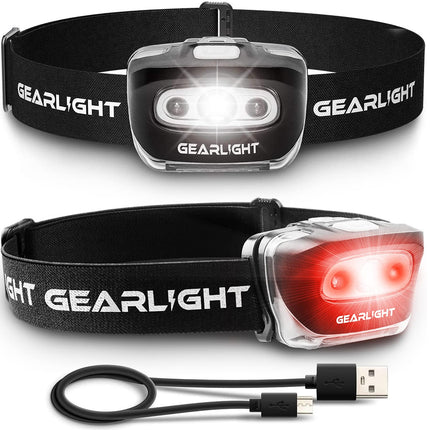 GearLight USB Rechargeable Headlamp Flashlight - S500 Running, Camping, and Outdoor LED Headlight Camping Headlamps - Head Lamp Light for Adults, Kids, Emergency Gear [2 Pack]