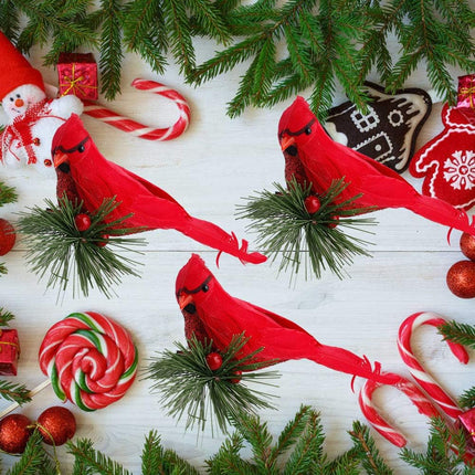 IUIBMI 10 Pack Artificial Red Cardinal Birds Clip on Pine Branches Ornaments for Christmas Tree Realistic Feathered Birds for Wreaths DIY Crafts Decor
