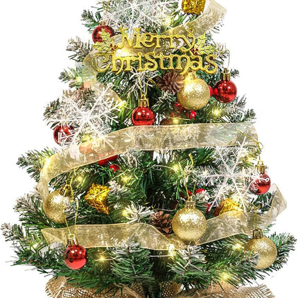 Tabletop Christmas Tree, 24 Inch Mini Artificial Christmas Tree with LED String Lights, Star Tree Topper, and Hanging Ornaments, Small Christmas Tree with Lights for Holiday DIY Christmas Decorations