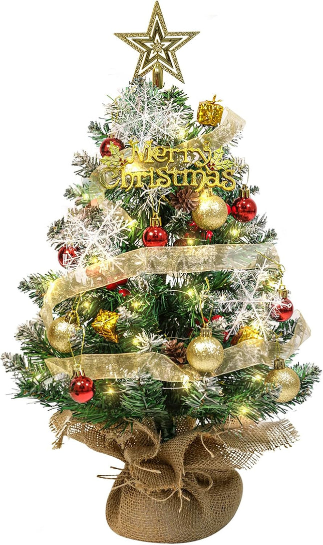 Tabletop Christmas Tree, 24 Inch Mini Artificial Christmas Tree with LED String Lights, Star Tree Topper, and Hanging Ornaments, Small Christmas Tree with Lights for Holiday DIY Christmas Decorations