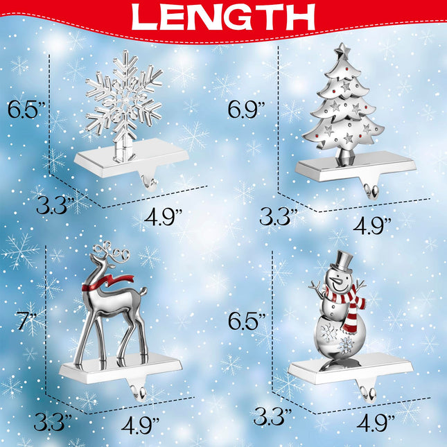 4 Pack Snowflake Christmas Stocking Holder Set for Mantle Christmas Decorations Holiday Mantle Fireplace Topper - Snowflake Snowman Reindeer and Christmas Tree Hangers Decorative Metal Hanger