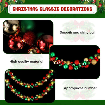 Hiboom 2 Pcs 12 Feet LED Christmas Garland Balls Ornaments Xmas Hanging Bulb Ball Garland with Lights Xmas Tree Balls Decor for Christmas Tree Fireplace Party Holiday Decor (Red, Green, Gold)