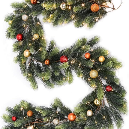 Aokia 6FT Christmas Garland Decoration,Artificial Pine Greenery Garland with 50 Led Lights and 24 Christmas Balls for Christmasy Table Fireplace Wall Home Decoration