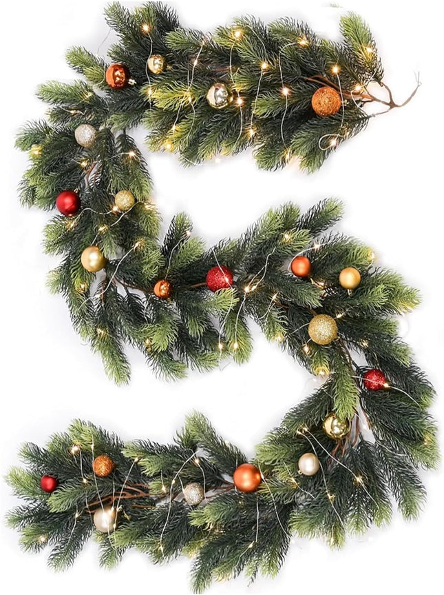 Aokia 6FT Christmas Garland Decoration,Artificial Pine Greenery Garland with 50 Led Lights and 24 Christmas Balls for Christmasy Table Fireplace Wall Home Decoration
