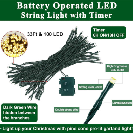 9FT Prelit Christmas Garland with 100 Lights for Mantle - Flocked Christmas Garland with Norfolk Pine Branches Cedar Pine Cone Berry Garland with Battery Operated Lights Outdoor Christmas Decorations