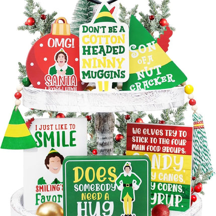 Funny Elf Christmas Decorations, Cute Holiday Tiered Tray Decor, Buddy The Elf Wooden Bead Garland, Farmhouse Decor for Table Mantel, Christmas Elf Wood Signs Party Favor, Novelty White Elephant s