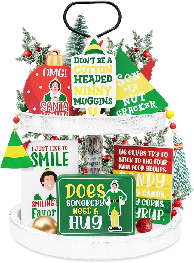 Funny Elf Christmas Decorations, Cute Holiday Tiered Tray Decor, Buddy The Elf Wooden Bead Garland, Farmhouse Decor for Table Mantel, Christmas Elf Wood Signs Party Favor, Novelty White Elephant s