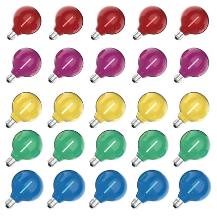 Meconard 25 Pack G40 Colored LED String Light Bulbs, E12/C7 Candelabra Base Shatterproof LED 1 Watt Globe Replacement Bulbs, Multi-Color: Red/Green/Blue/Orange/Purple