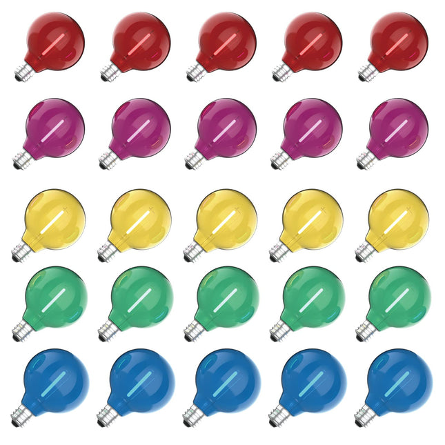 Meconard 25 Pack G40 Colored LED String Light Bulbs, E12/C7 Candelabra Base Shatterproof LED 1 Watt Globe Replacement Bulbs, Multi-Color: Red/Green/Blue/Orange/Purple