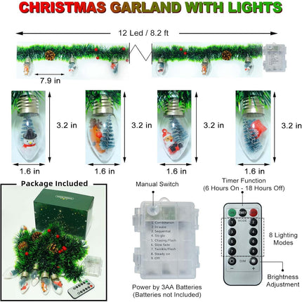 Christmas Garland with Lights, 8.2 FT Battery Operated Powerd 12 LED Bulb String Lights Pine Cones Red Berry Decorations Lighted Lit Prelit Indoor Outdoor Window Home Mantle Fireplace Table Xmas Decor
