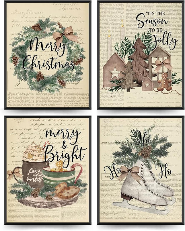 ETVISO Vintage Christmas Wall Art Prints Set of 4, Christmas Decor, Retro Merry Christmas Garland Poster Art, Winter Holidays Print Decor, 8x10 (Unframed)