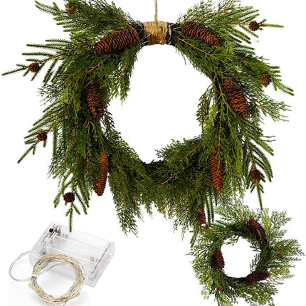 2-Pack 24in Artificial Christmas Wreaths for Front Door Green Pine Needle Pine Cone Christmas Wreath with Lights Christmas Decoration Holiday Window Wedding Decor Wreath