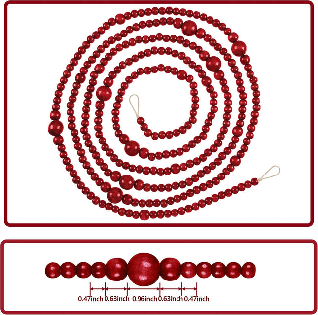 12 Feet Christmas Wooden Beads Xmas Bead Garland Round Craft Bead Garland Farmhouse Bead Garland Vintage Wooden Beads for Christmas Decoration Supplies(Dark Red)