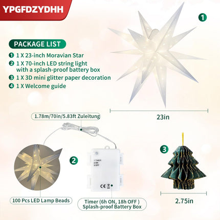 23" 3D Moravian Star Tree Topper -Enhanced LED Christmas Tree Topper Lamp with 100 Lights & Timer Function, Moravian Lighted Star Used To Decorate Christmas Trees, parties,Courtyards,events