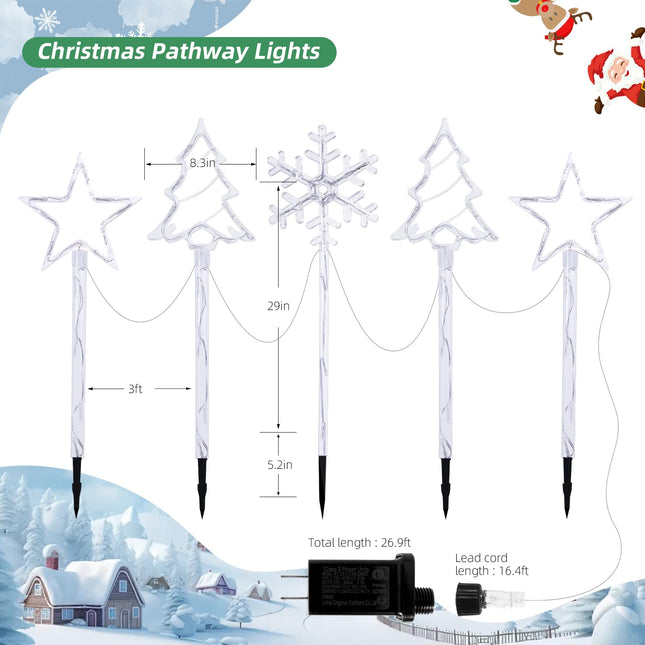 6 Pack Plug in Christmas Pathway Lights Outdoor Decorations with Timer,8 Modes White Xmas Snowflake Tree Star Waterproof Led Garden Stake Lights for Walkway Yard Lawn Porch Holiday Decor