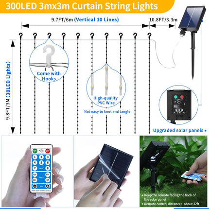 300LED Solar Curtain Lights Waterproof, 10Ft x 10Ft Twinkle Curtain String Fairy Light with Remote Control, 8 Modes, Warm White Solar Hanging Waterfall Lights for Outdoor Backdrop Gazebo Wall Xmas