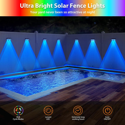 Solar Fence Lights,RGB & Warm White & 6 Colors Christmas Dusk to Dawn Deck Light, Fence Solar Lights Waterproof, Solar Outdoor Lights for Halloween Backyard/Railing/Wall/Step/Patio/Pool (8Pack)