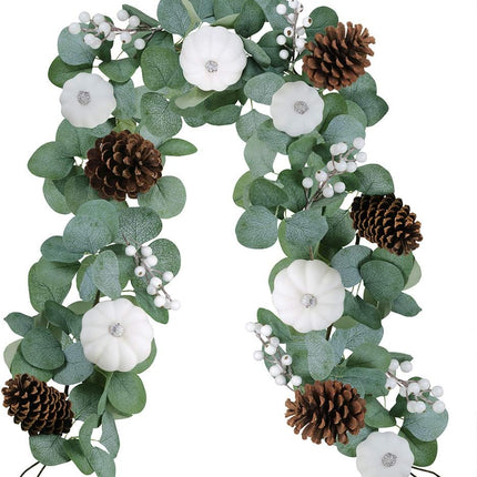 Winlyn White Pumpkin Garland Artificial Eucalyptus Garland with White Pumpkins Pinecones Berries Fall Foliage Garland for Wedding Arch Backdrop Thanksgiving Table Runner Farmhouse Décor 6' Long