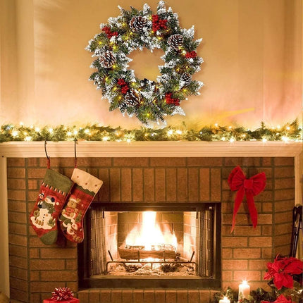 Christmas Wreath for Front Door, 18inch Pre-lit Artificial Xmas Wreath with Hook, 50 LED Lights&Timer for Door Window Wall Stairs Outdoor Decorations