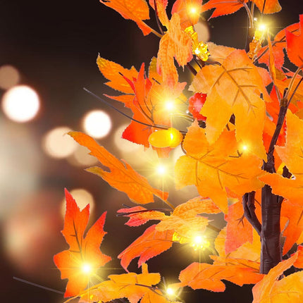 Fall Maple Tree with Lights, 2 Pack 25'' Artificial Fall Decorations for Home, Halloween Indoor Thanksgiving Table Decor USB & Battery Operated Autumn Tree with Acorns, Pine Cones, Pumpkin