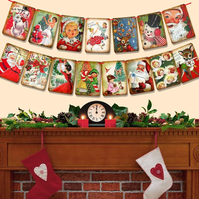 Christmas Decorations Vintage Style Christmas Banner,Traditional Vintage Victorian Style Christmas Bunting, Vintage Style Santa Christmas Decorations Indoor for Home Office Party Fireplace Mantle