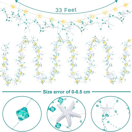 Christmas Beaded Starfish Garland Beach Decor Ocean Coastal Themed Beach Diamond Beads Garland with White Starfish Beaded Garland for Xmas Tree Wedding Beach Party Decor (with Lights, 33 Feet)