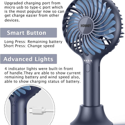 Honhey Handheld Fan Portable, Mini Hand Held Fan With Usb Rechargeable Battery, 4 Speed Personal Desk Table Fan With Base