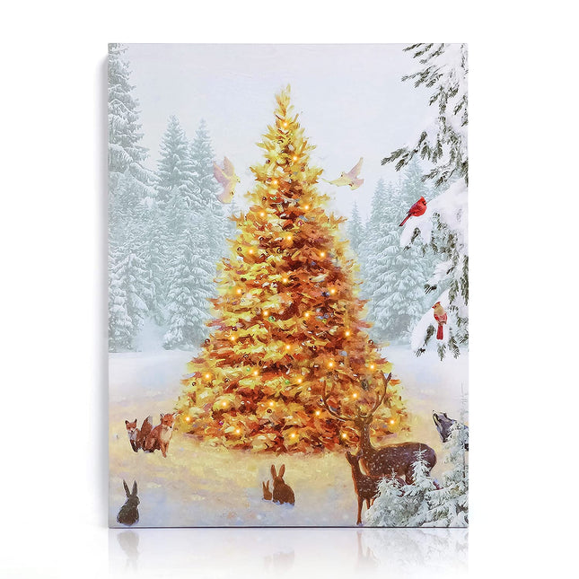 NIKKY HOME 16" x 12" Christmas LED Lighted Canvas Wall Art Prints Light Up Tree Forest Picture White Winter Snow Scene for Holiday Decor