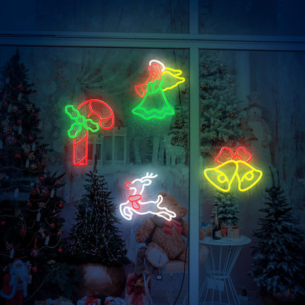 Retisee 4 Pcs Christmas Neon Sign Window Lights Decor, LED Neon Wall Decor, USB Powered Neon Light, Winter Decor for Christmas Party Home Bedroom Office Table Art s, Elk, Bells, Candy