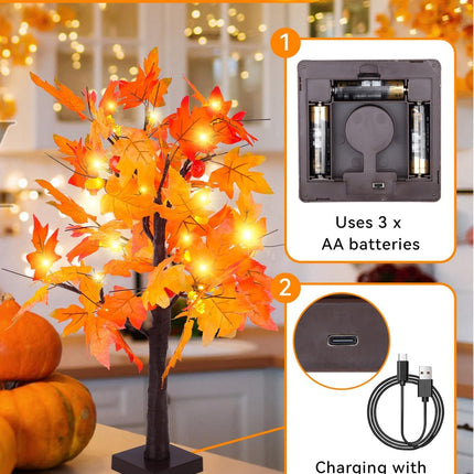 Fall Maple Tree with Lights, 2 Pack 25'' Artificial Fall Decorations for Home, Halloween Indoor Thanksgiving Table Decor USB & Battery Operated Autumn Tree with Acorns, Pine Cones, Pumpkin