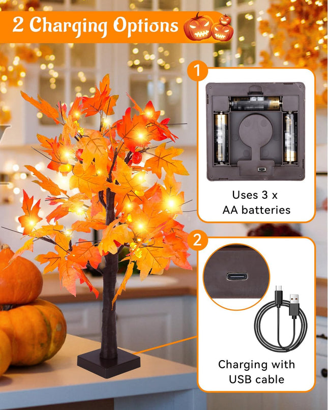 Fall Maple Tree with Lights, 2 Pack 25'' Artificial Fall Decorations for Home, Halloween Indoor Thanksgiving Table Decor USB & Battery Operated Autumn Tree with Acorns, Pine Cones, Pumpkin