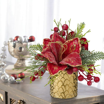 Briful 9.8 Inch Christmas Tree Small Artificial Potted Christmas Arrangment in Gold Pot with Red Berries,Holly,Red Magnolia Xmas Flowers for Centrepieces Table Farmhouse Countertop Décor