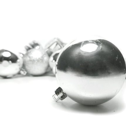 Christmas Tree Ornaments - Set of 27 - Assorted Styles and Shapes - Xmas Holiday Balls, Silver Presents, Shiny Pine Cones with White Glitter and a Tree Topper 1.5" to 3.5"