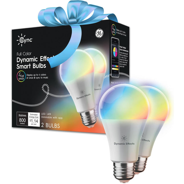 GE CYNC Dynamic Effects A19 Color Changing Light Bulbs with Music Sync, RGB LED Light Bulb, Room Décor Aesthetic WiFi Smart Light, Works with Alexa and Google, 2 Bulbs