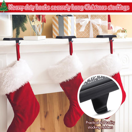 4 Pcs Christmas Stocking Holders Mantle Hanging Hooks Weighted Metal Stocking Hangers DIY Stocking Holders Holiday Fireplace Stand Hanger Holder for Xmas Party Decoration (Black)
