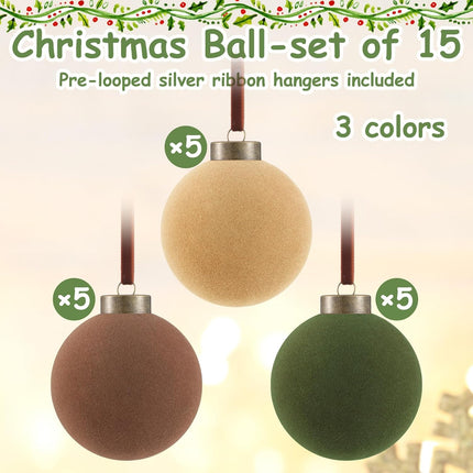 Liliful 15 Pcs Velvet Christmas Balls Bulk Flocked Christmas Tree Ball Ornaments Plastic Balls Xmas Decorative Hanging Ornaments Christmas Tree Decoration (Brown, Green, Beige,3.15 Inch)