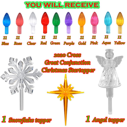 110Pcs in 10 Colors Ceramic Christmas Tree Replacement Bulbs - Plastic Lights Pegs, Included Angel Topper＆Snowflake Top＆Cross Stars.