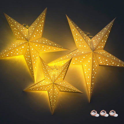 HOUÍSM Paper Star Lantern with 3PCS Fairy String Lights(30LED/1.5M), 3PCS White Star Moon Cut-Out Paper Star Lantern with 3 Sizes- 30/40/50cm for Indoor Outdoor Room Wedding Christmas Party Decor