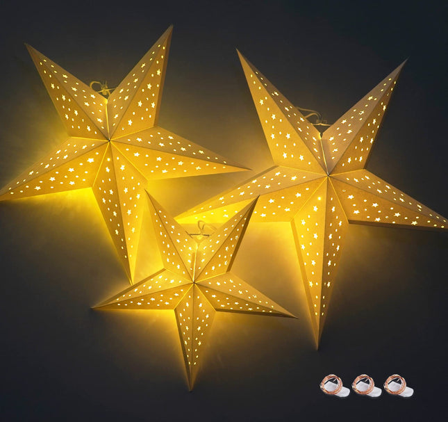 HOUÍSM Paper Star Lantern with 3PCS Fairy String Lights(30LED/1.5M), 3PCS White Star Moon Cut-Out Paper Star Lantern with 3 Sizes- 30/40/50cm for Indoor Outdoor Room Wedding Christmas Party Decor