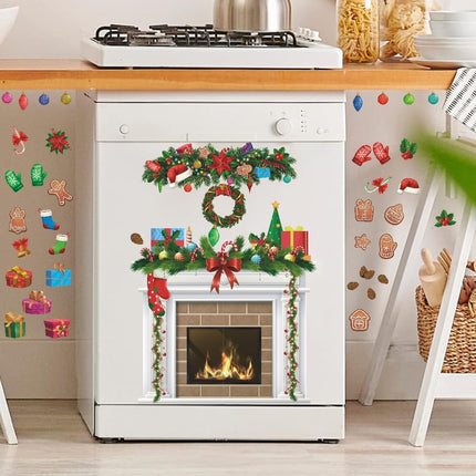 IARTTOP Christmas Fireplace Bulletin Board Decal Christmas Fireplace Wall Decal Christmas Holiday Fireplace Background Decoration Christmas Stocking Candle Wreath for Christmas Home Party Decor