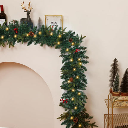 9 FT Christmas Garland with Lights，Battery Operated Lighted Garland with Pine Cones Red Berries Lush Branches，50 Warm White LED Lights，Christmas Decorations Indoor/Outdoor