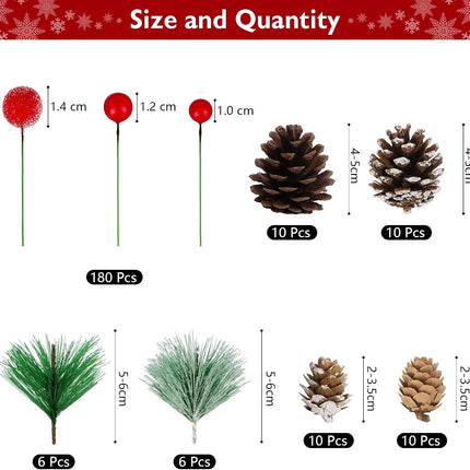 232 Pieces Christmas Wreath Making Decoration Artificial Pine Cone Berry Set Pine Natural Pinecones Branches for Xmas Tree Ornament Home Fall Winter Christmas Party DIY