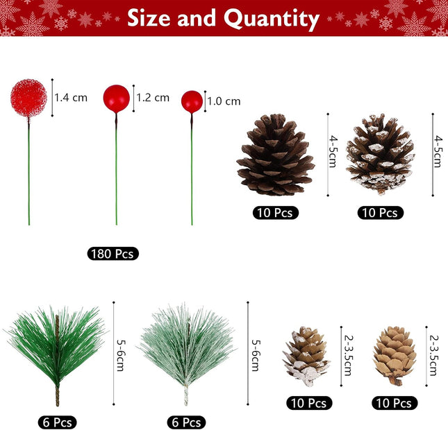 232 Pieces Christmas Wreath Making Decoration Artificial Pine Cone Berry Set Pine Natural Pinecones Branches for Xmas Tree Ornament Home Fall Winter Christmas Party DIY