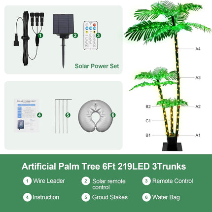 Artificial Palm Tree 6Ft 3Trunks 219LED Christmas Tree 8 Modes Timer Memory Function Lights Fake Plant Tree for Outside Patio Home Pool Yard Patio Hawaiian Office Party Tiki Bar Decor