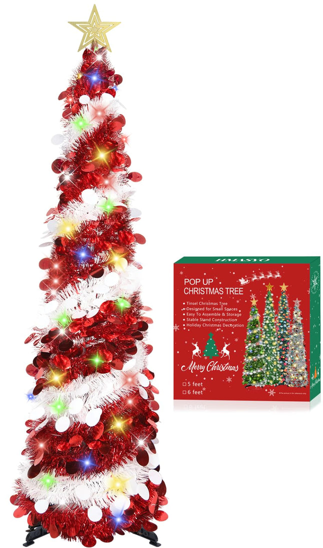 HMASYO 5 FT Pop Up Christmas Tree with Timer Colorful Lights - Red White Tinsel Skinny Christmas Tree, Collapsible Artificial Pencil Tree Holiday Decoration for Home, Apartment, Office, Party