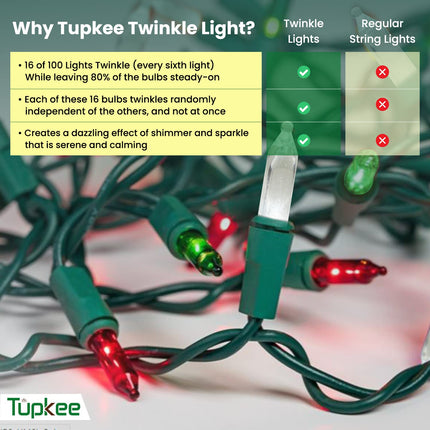 Christmas LED Random Twinkle Lights - 100 LED Red, Green, and Warm White Bulbs - 16 of 100 Lights Twinkle - Indoor Outdoor – 24.75 Feet Light String, Christmas Tree Holiday Decor Twinkling Lights