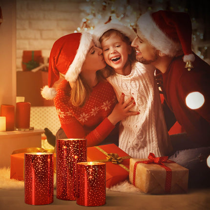 Flameless Flickering Candles with Remote Control and Timer, Battery Operated Real Wax Led Candles with Glass Pillar, Red Christmas Candles for Halloween, Holidays (AA Batteries Included)