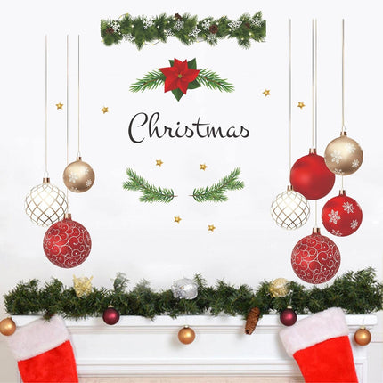 Christmas Wall Decals Hanging Ball Window Wall Stickers Decorations, Golden Star Red Hanging Balloon Wreath Wall Decor Posters Vinyl Removable Xmas Decals Party Supplies