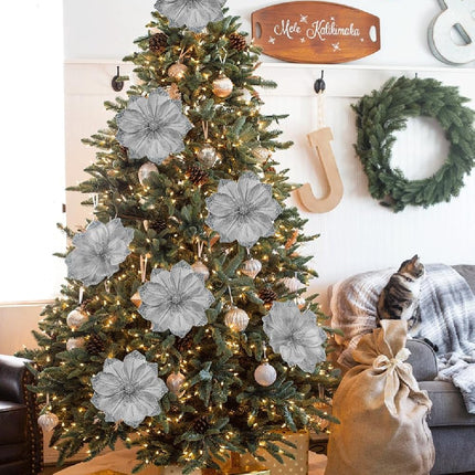 Briful 8in Magnolias Christmas Flowers Glittering Magnolia Flowers Artificial 6Pcs Gray Silver Magnolia Stems for Christmas Tree Decorations, Wreaths, Garland Real Touch Magnolia Xmas Picks